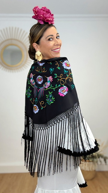 Mantón Negro Bordado Pajaros